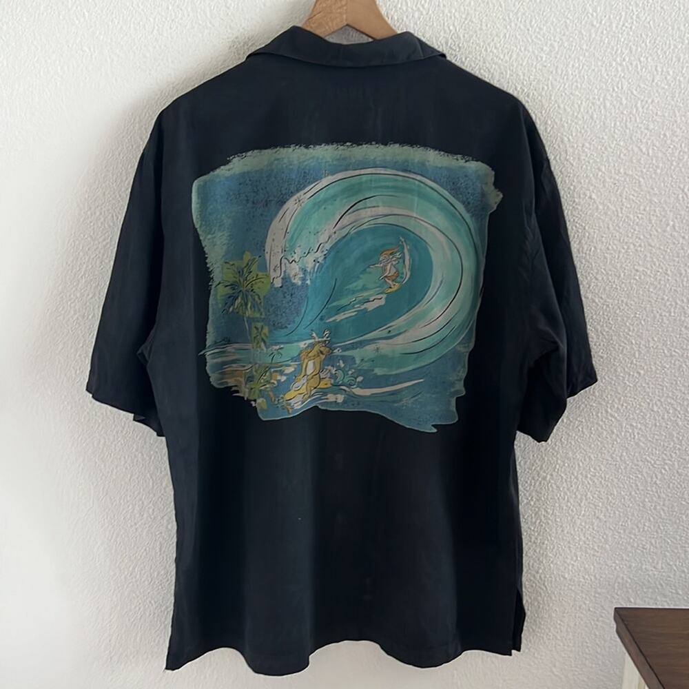 Kahala "Santa Drops In" 2008 Aloha Hawaii Hawaiian Shirt Front Button Black Silk - Picture 2 of 8